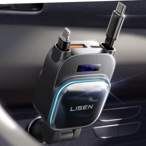Lisen 4-in-1 96W Retractable Car Charger w/USB C & Lightning Cable