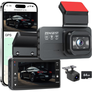 Dual 4K+1080P Dash Cam w/App, GPS & 64GB Card